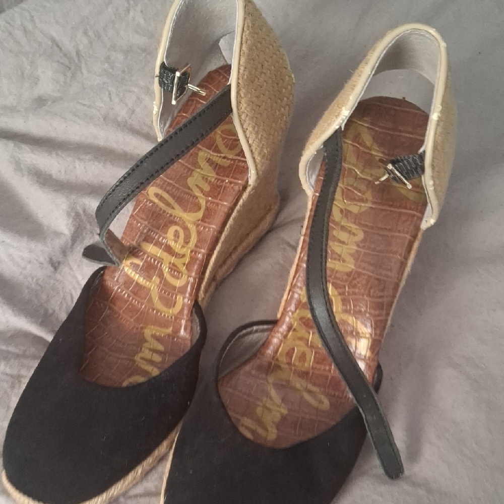 Sam Edelman Black and Tan Wedge Sandals